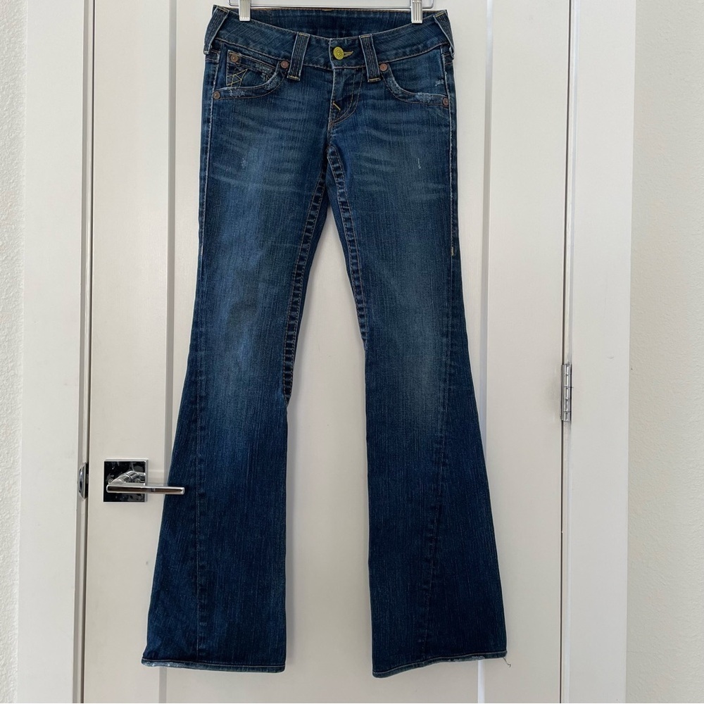 VINTAGE True Religion Pants Womens Blue Denim Flared Dark Wash Low Rise 26